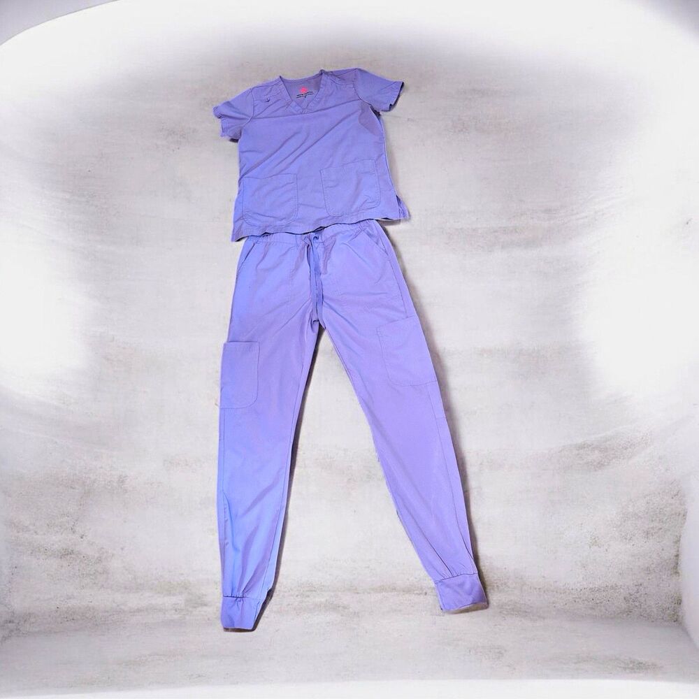 Natural Uniforms Medical Scrub Set Top & Pants Size S Purple Solid Cotton Blend